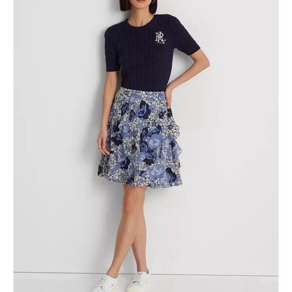 Ralph Lauren Skirt Womens 4P Petite A-Line Floral Ruffle Georgette Asymmetrical - Picture 2 of 9